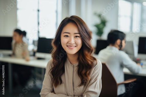 Smiling portrait of a happy asian woman working for a modern startup company in a business office