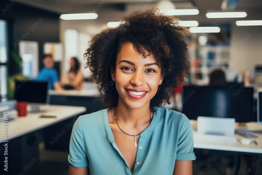 Smiling portrait of a happy young african american businesswoman working in a startup company office