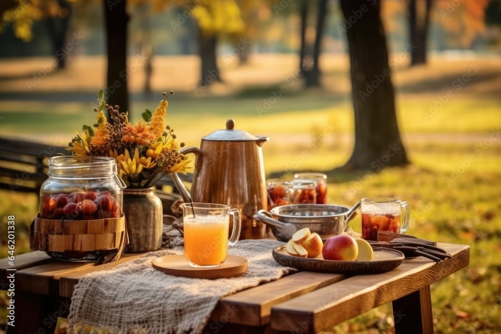 rustic autumn park picnic setup from behind, showcasing a wooden picnic table adorned with an array of fal rustic autumn park picnic setup from behind, showcasing a wooden picnic table adorned with an array of fal