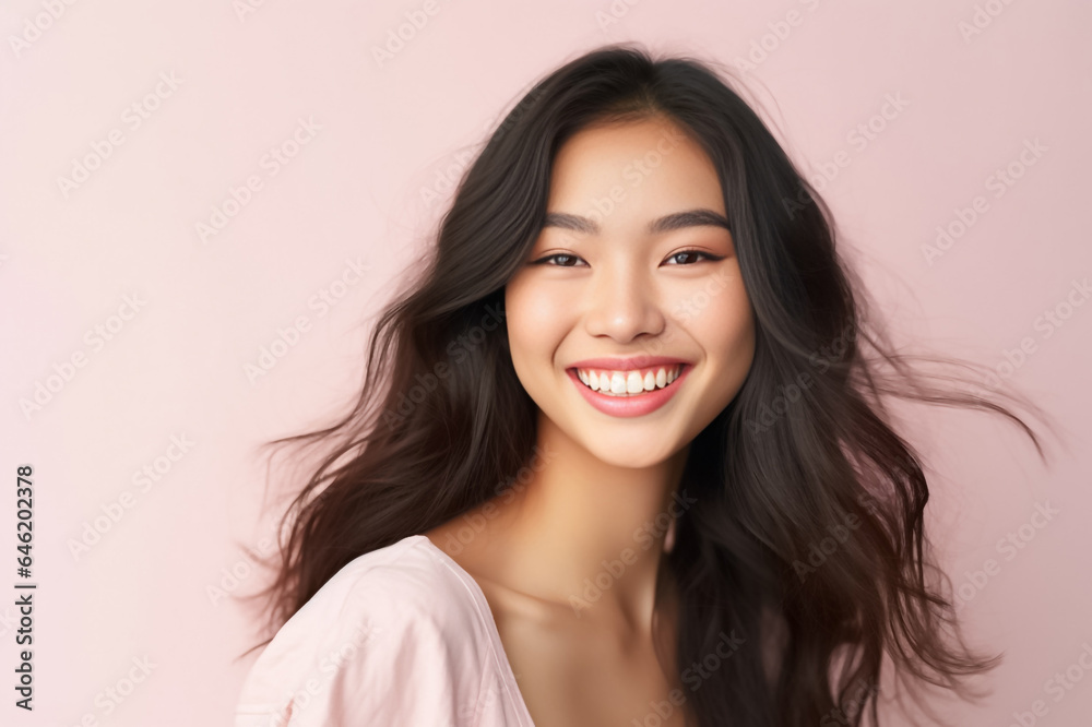 Close-up portrait of woman nice attractive lovely pretty cheerful cheery glad wavy-haired girl folded arms isolated over nude pastel color background. Generative AI.