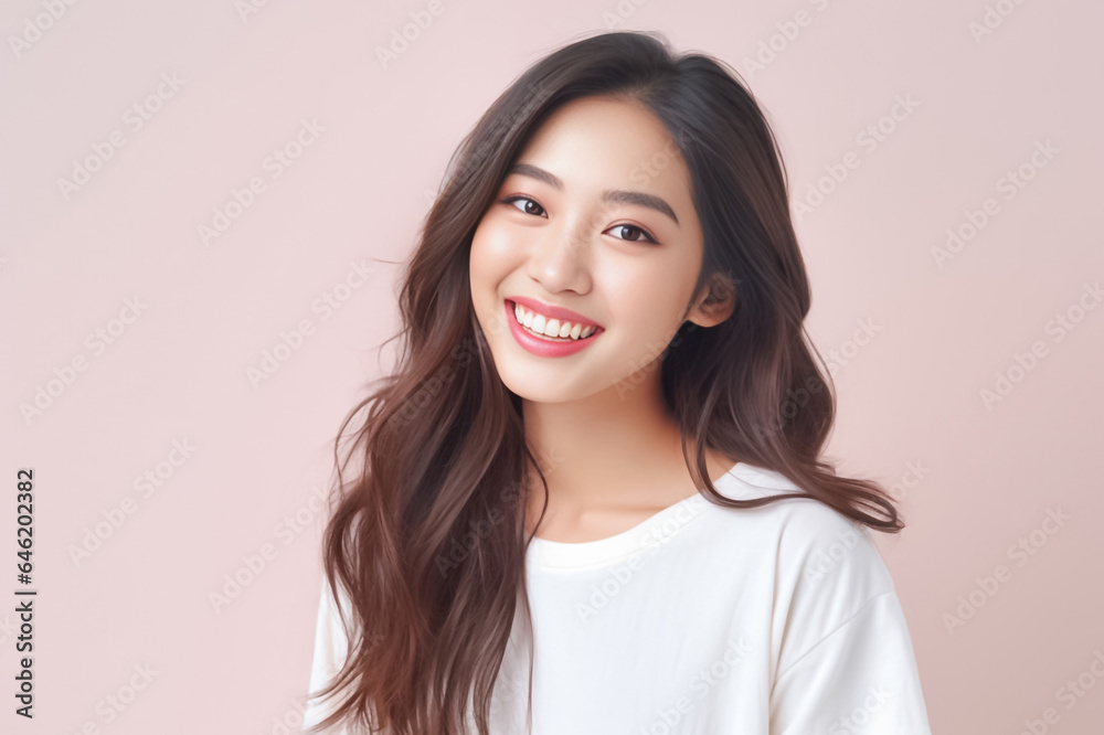 Close-up portrait of woman nice attractive lovely pretty cheerful cheery glad wavy-haired girl folded arms isolated over nude pastel color background. Generative AI. Close-up portrait of woman nice attractive lovely pretty cheerful cheery glad wavy-haired girl folded arms isolated over nude pastel color background. Generative AI.