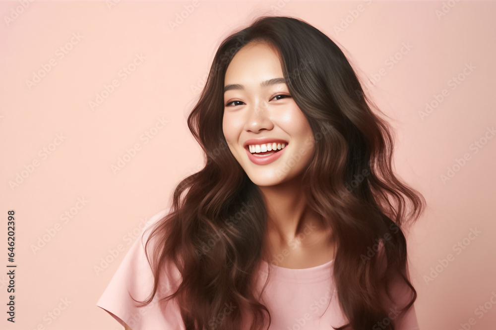 Close-up portrait of woman nice attractive lovely pretty cheerful cheery glad wavy-haired girl folded arms isolated over nude pastel color background. Generative AI. Close-up portrait of woman nice attractive lovely pretty cheerful cheery glad wavy-haired girl folded arms isolated over nude pastel color background. Generative AI.