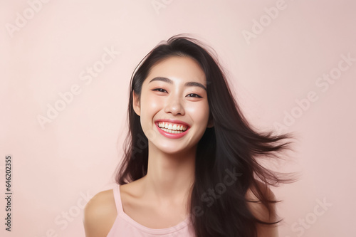 Close-up portrait of woman nice attractive lovely pretty cheerful cheery glad wavy-haired girl folded arms isolated over nude pastel color background. Generative AI.