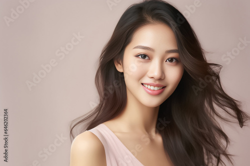 Close-up portrait of woman nice attractive lovely pretty cheerful cheery glad wavy-haired girl folded arms isolated over nude pastel color background. Generative AI. © Surachetsh