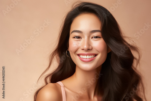 Close-up portrait of woman nice attractive lovely pretty cheerful cheery glad wavy-haired girl folded arms isolated over nude pastel color background. Generative AI.