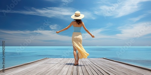 Female tourist standing on wooden board on beach by sea. Island dreaming. Stunning getaway to paradise sand © Thares2020