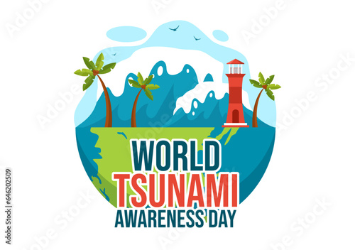 World Tsunami Awareness Day Vector Illustration on 5 November with Waves Hitting Houses and Building Landscape in Flat Cartoon Background Templates