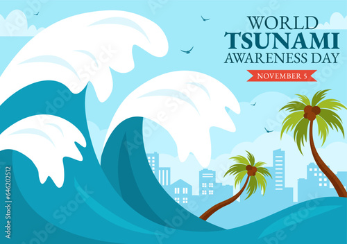 World Tsunami Awareness Day Vector Illustration on 5 November with Waves Hitting Houses and Building Landscape in Flat Cartoon Background Templates