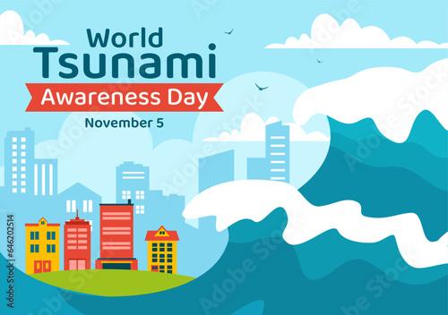 World Tsunami Awareness Day Vector Illustration on 5 November with Waves Hitting Houses and Building Landscape in Flat Cartoon Background Templates