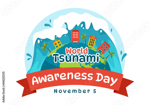 World Tsunami Awareness Day Vector Illustration on 5 November with Waves Hitting Houses and Building Landscape in Flat Cartoon Background Templates