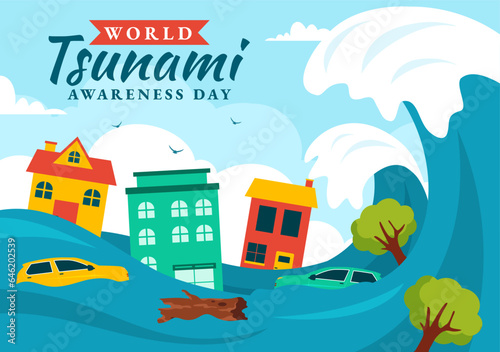 World Tsunami Awareness Day Vector Illustration on 5 November with Waves Hitting Houses and Building Landscape in Flat Cartoon Background Templates