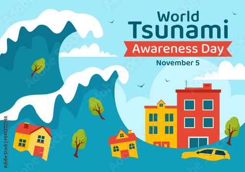 World Tsunami Awareness Day Vector Illustration on 5 November with Waves Hitting Houses and Building Landscape in Flat Cartoon Background Templates