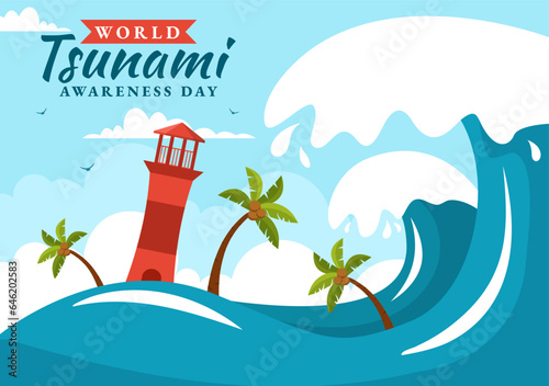 World Tsunami Awareness Day Vector Illustration on 5 November with Waves Hitting Houses and Building Landscape in Flat Cartoon Background Templates