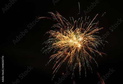 multiple bright yellow and green fireworks at night