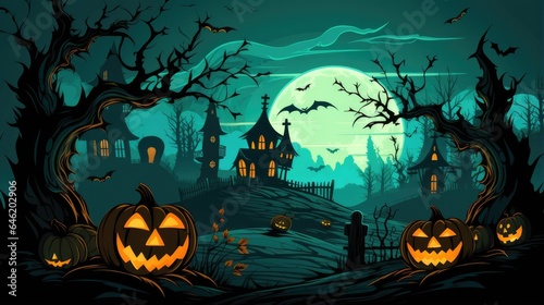halloween pumpkins and castle under the moonlight. dark night forest full moon. silhouette halloween abstract background.