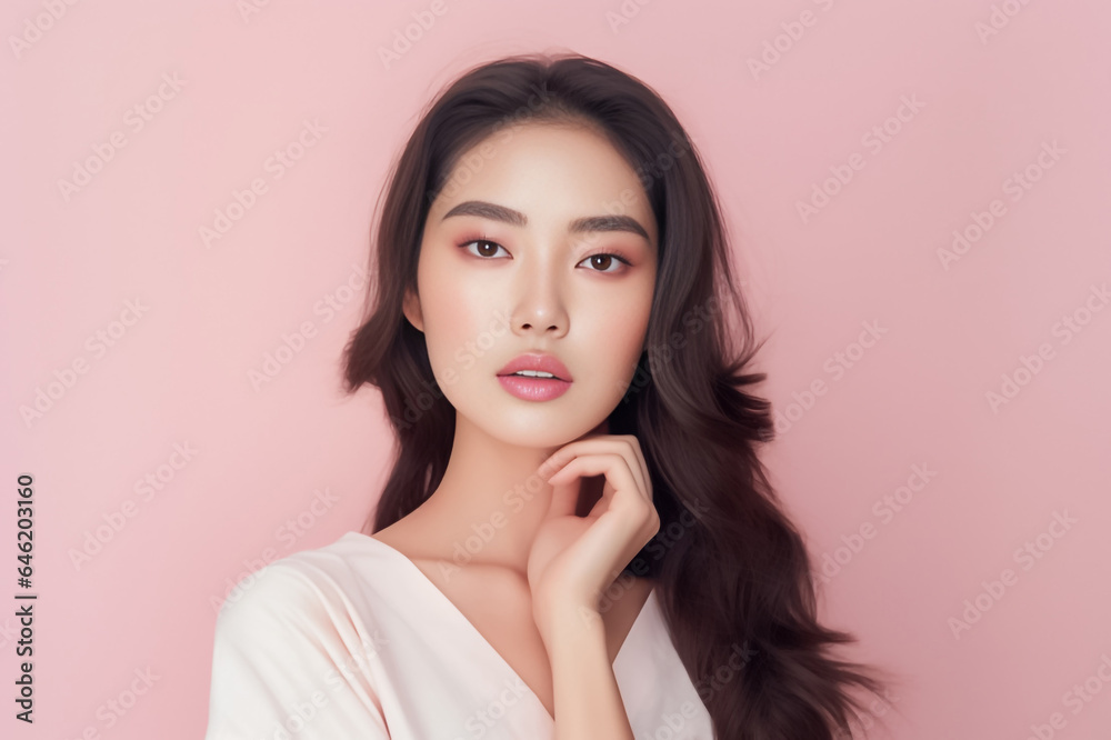 Close-up portrait of woman nice attractive lovely pretty cheerful cheery glad wavy-haired girl folded arms isolated over nude pastel color background. Generative AI. Close-up portrait of woman nice attractive lovely pretty cheerful cheery glad wavy-haired girl folded arms isolated over nude pastel color background. Generative AI.