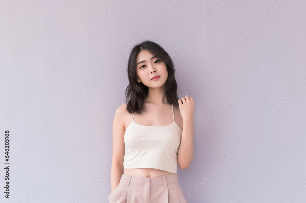 Close-up portrait of woman nice attractive lovely pretty cheerful cheery glad wavy-haired girl folded arms isolated over nude pastel color background. Generative AI. Close-up portrait of woman nice attractive lovely pretty cheerful cheery glad wavy-haired girl folded arms isolated over nude pastel color background. Generative AI.