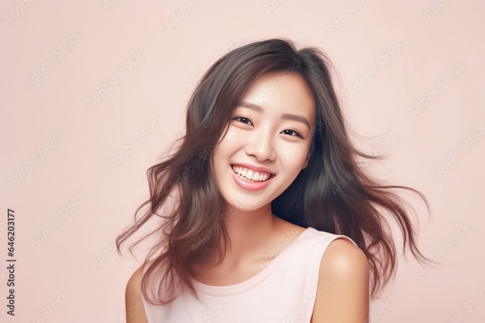 Close-up portrait of woman nice attractive lovely pretty cheerful cheery glad wavy-haired girl folded arms isolated over nude pastel color background. Generative AI. Close-up portrait of woman nice attractive lovely pretty cheerful cheery glad wavy-haired girl folded arms isolated over nude pastel color background. Generative AI.