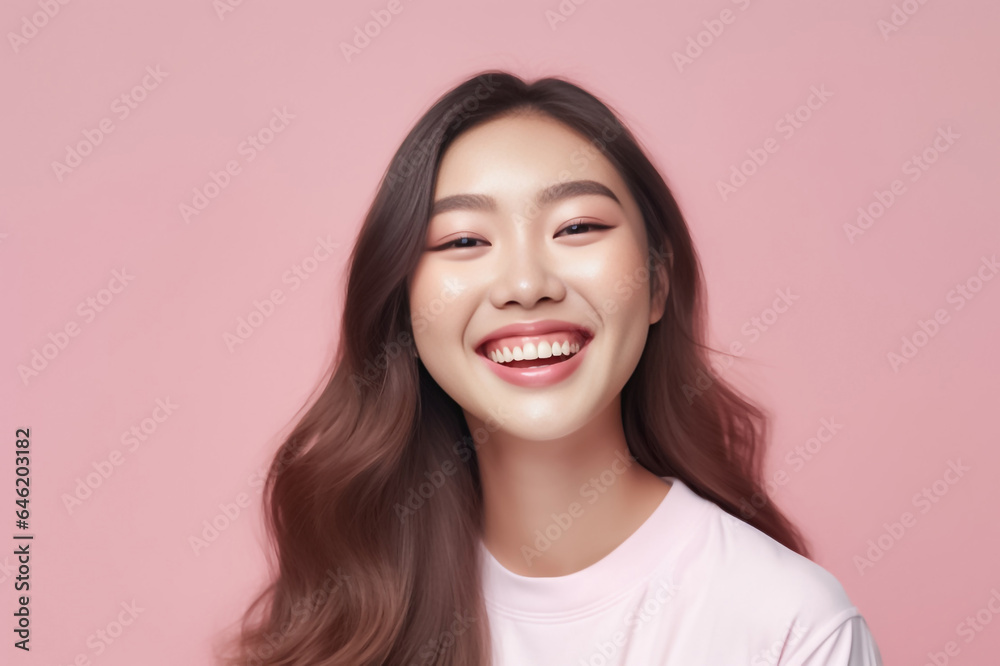 Close-up portrait of woman nice attractive lovely pretty cheerful cheery glad wavy-haired girl folded arms isolated over nude pastel color background. Generative AI. Close-up portrait of woman nice attractive lovely pretty cheerful cheery glad wavy-haired girl folded arms isolated over nude pastel color background. Generative AI.