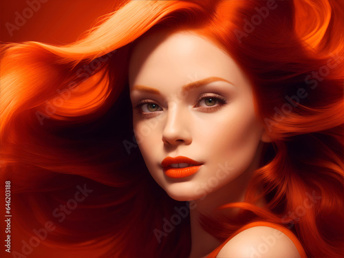 portrait of a woman with red hair symbolize of autumn season, fearless poses in a studio with red background