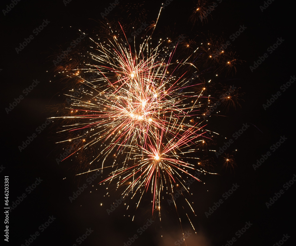 multiple white and pink fireworks at night
