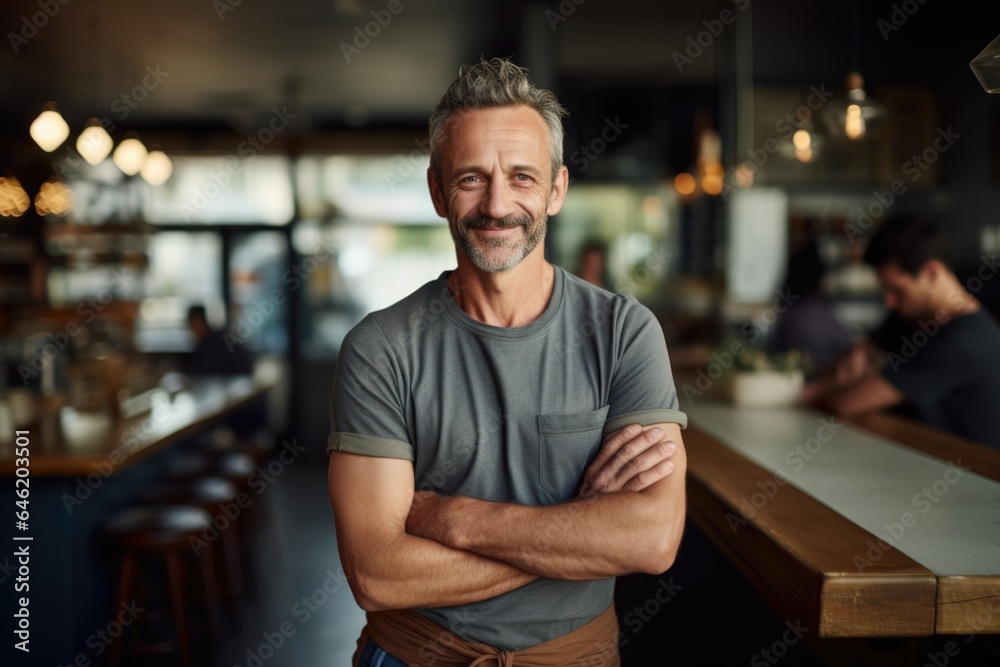 Smiling portrait of a happy middle aged caucasian small busness and restaurant owner in his restaurant Smiling portrait of a happy middle aged caucasian small busness and restaurant owner in his restaurant