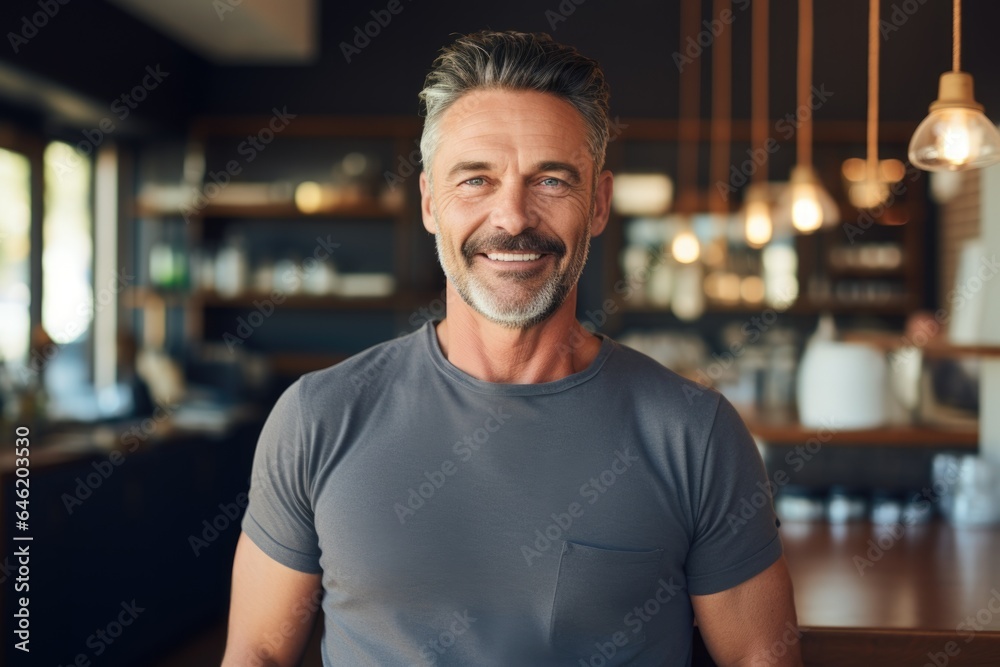 Smiling portrait of a happy middle aged caucasian small busness and restaurant owner in his restaurant Smiling portrait of a happy middle aged caucasian small busness and restaurant owner in his restaurant