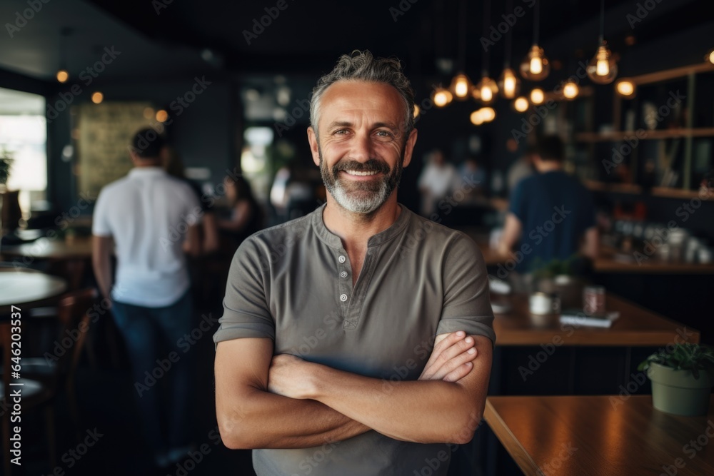 Smiling portrait of a happy middle aged caucasian small busness and restaurant owner in his restaurant