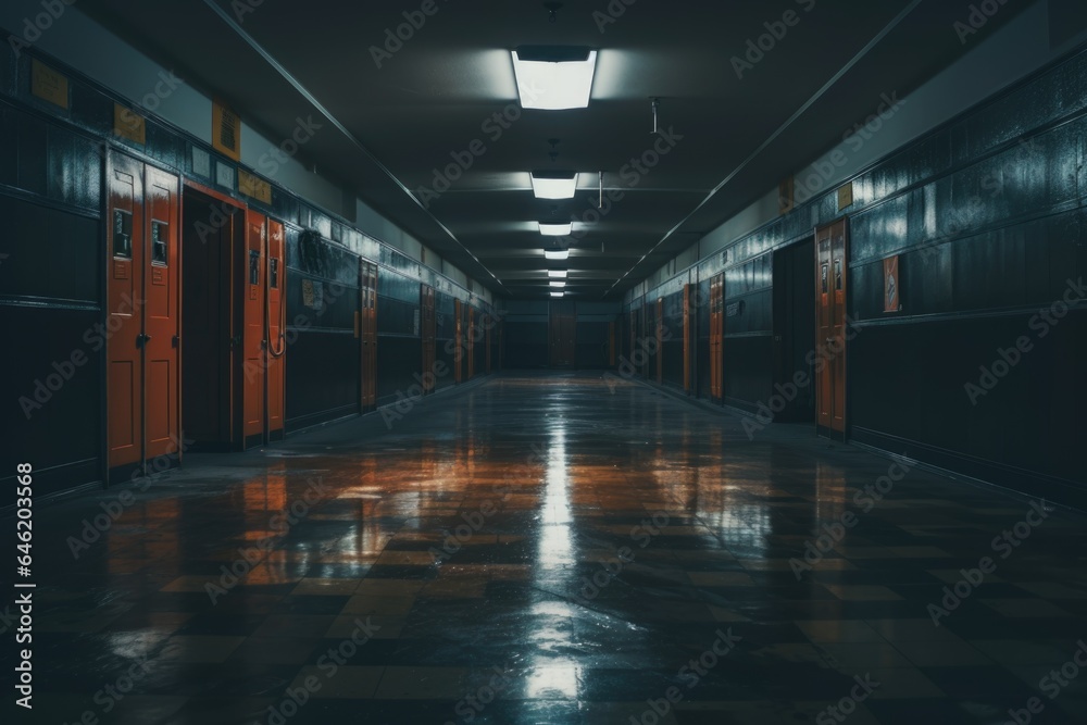 Empty interior of a high school hallway with lockers and classrooms