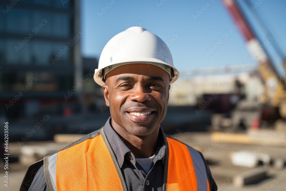 Smiling portrait of a happy male african american architect or developer working on a construction site Smiling portrait of a happy male african american architect or developer working on a construction site