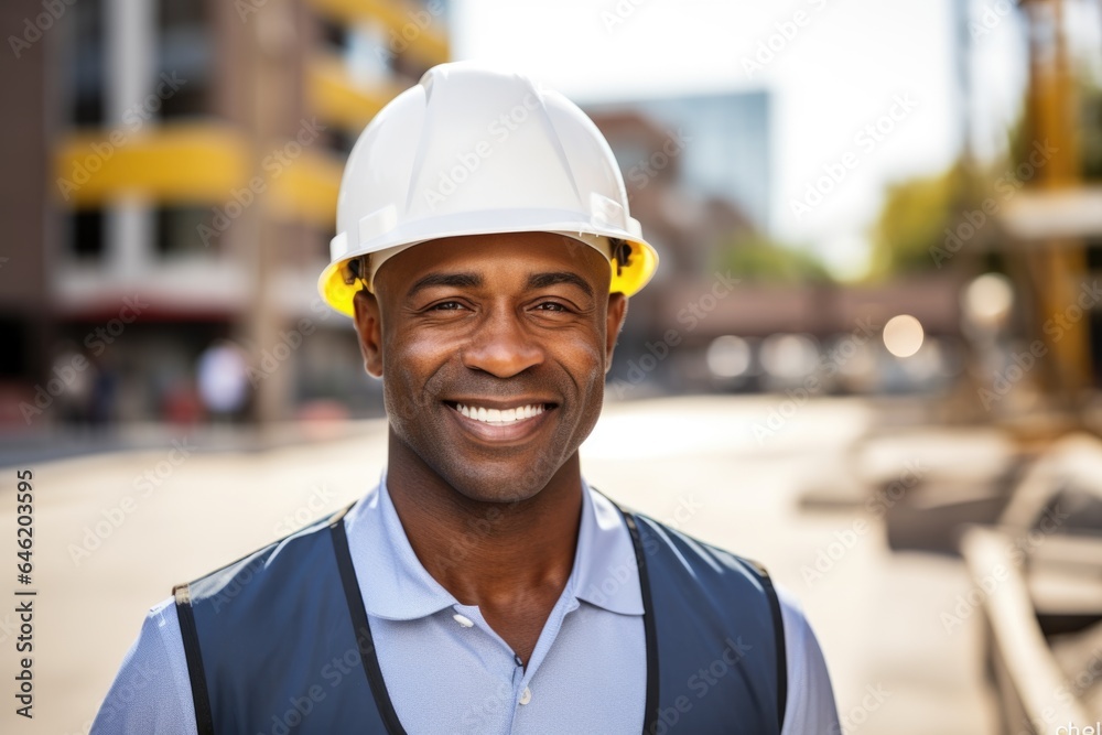 Smiling portrait of a happy male african american architect or developer working on a construction site Smiling portrait of a happy male african american architect or developer working on a construction site