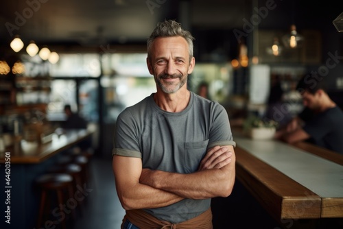 Smiling portrait of a happy middle aged caucasian small busness and restaurant owner in his restaurant