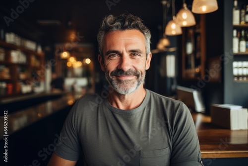Smiling portrait of a happy middle aged caucasian small busness and restaurant owner in his restaurant