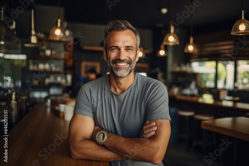 Smiling portrait of a happy middle aged caucasian small busness and restaurant owner in his restaurant