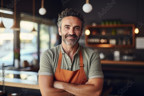 Smiling portrait of a happy middle aged caucasian small busness and restaurant owner in his restaurant photo