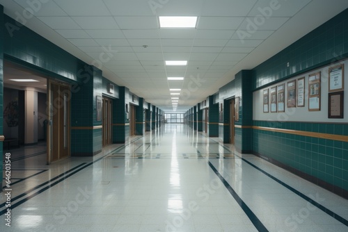 Empty interior of an elementary school hallway with lockers and classrooms © NikoG