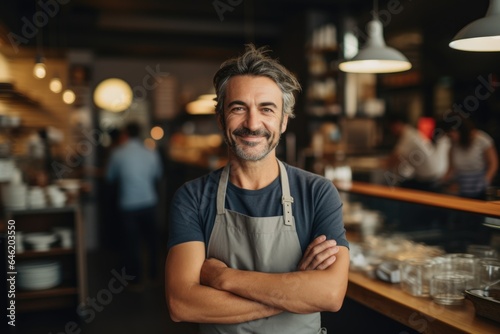 Smiling portrait of a happy middle aged caucasian small busness and restaurant owner in his restaurant