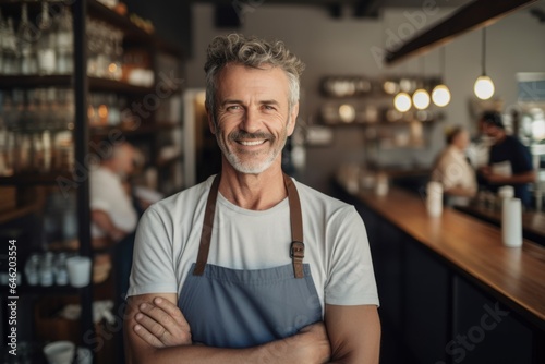 Smiling portrait of a happy middle aged caucasian small busness and restaurant owner in his restaurant © NikoG