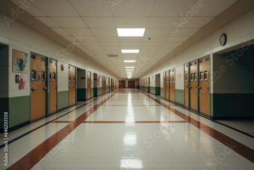 Empty interior of an elementary school hallway with lockers and classrooms