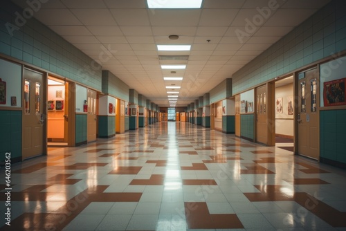 Empty interior of an elementary school hallway with lockers and classrooms photo