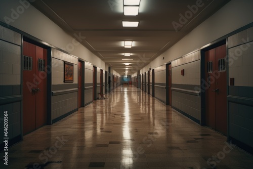 Empty interior of a high school hallway with lockers and classrooms © NikoG