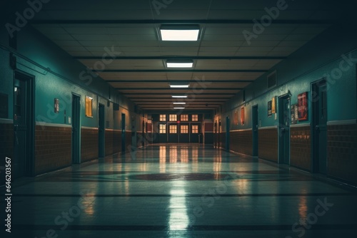 Empty interior of a high school hallway with lockers and classrooms © NikoG