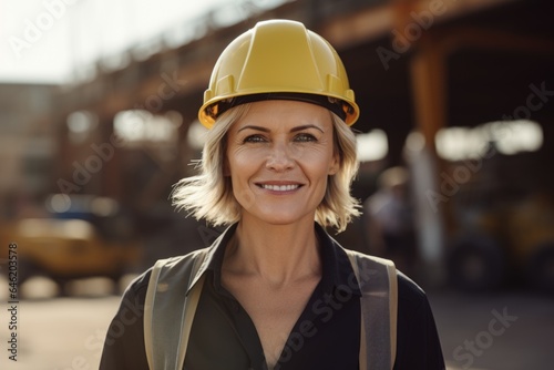 Smiling portrait of a happy female caucasian architect or developer working on a construction site