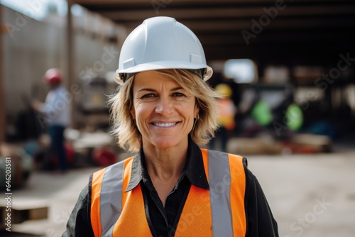 Smiling portrait of a happy female caucasian architect or developer working on a construction site