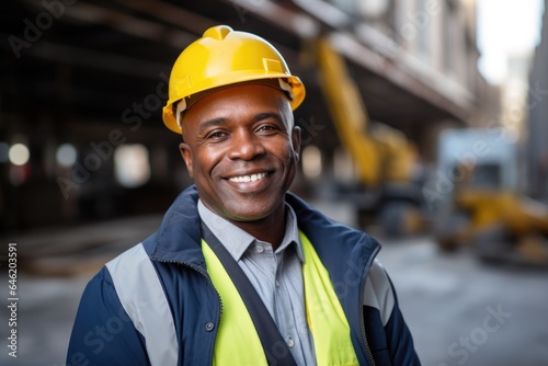 Smiling portrait of a happy male african american architect or developer working on a construction site © NikoG