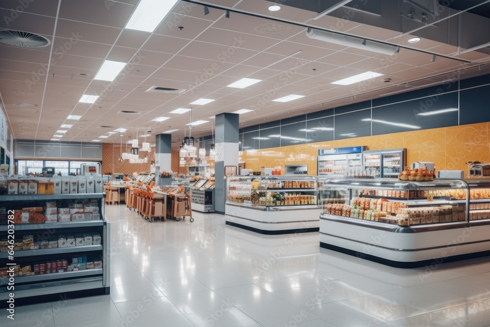 Interior of a supermarket or grocery store without people Interior of a supermarket or grocery store without people