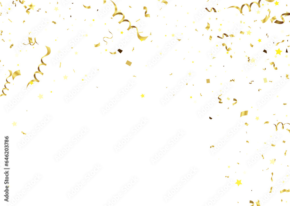 Gold confetti on a white background. Illustration of a drop of shiny gold confetti. Decorative element. Luxury background for your design, cards, invitations, gift, vip.