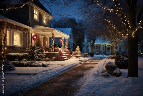 Houses in the suburbs during winter and snow decorated for christmas and the new year holidays © NikoG