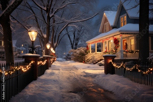 Houses in the suburbs during winter and snow decorated for christmas and the new year holidays
