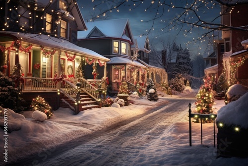 Houses in the suburbs during winter and snow decorated for christmas and the new year holidays © NikoG